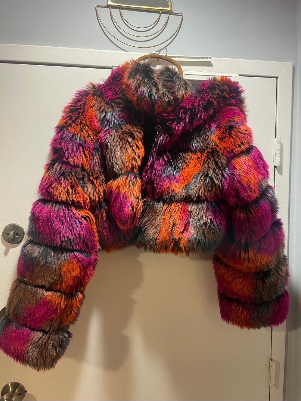 Multicolored Faux Fur Hood Trim Jacket and Ear Muffs - Picture 4 of 7